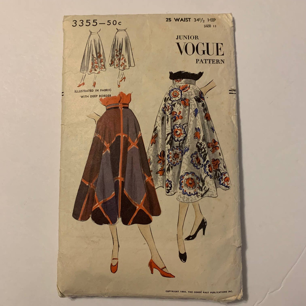 Vogue Junior Vintage 50's Pattern #3355 Midi Length Flared Skirt Junior‎ Size 11